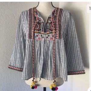 velvet by graham spencer blue white stripe embroidered boho blouse top small